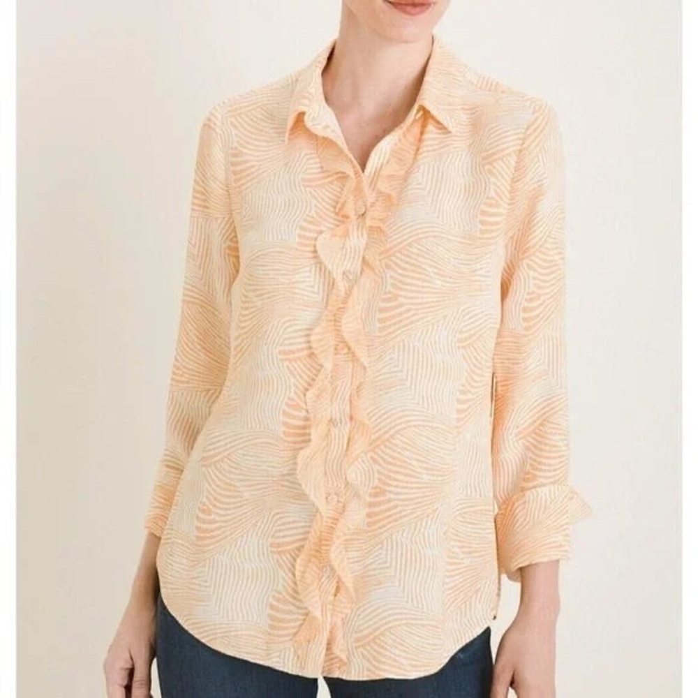 Chico's Zebra Patterned Ruffle Blouse Orange Long Sleeve Chicos Size 3 XL